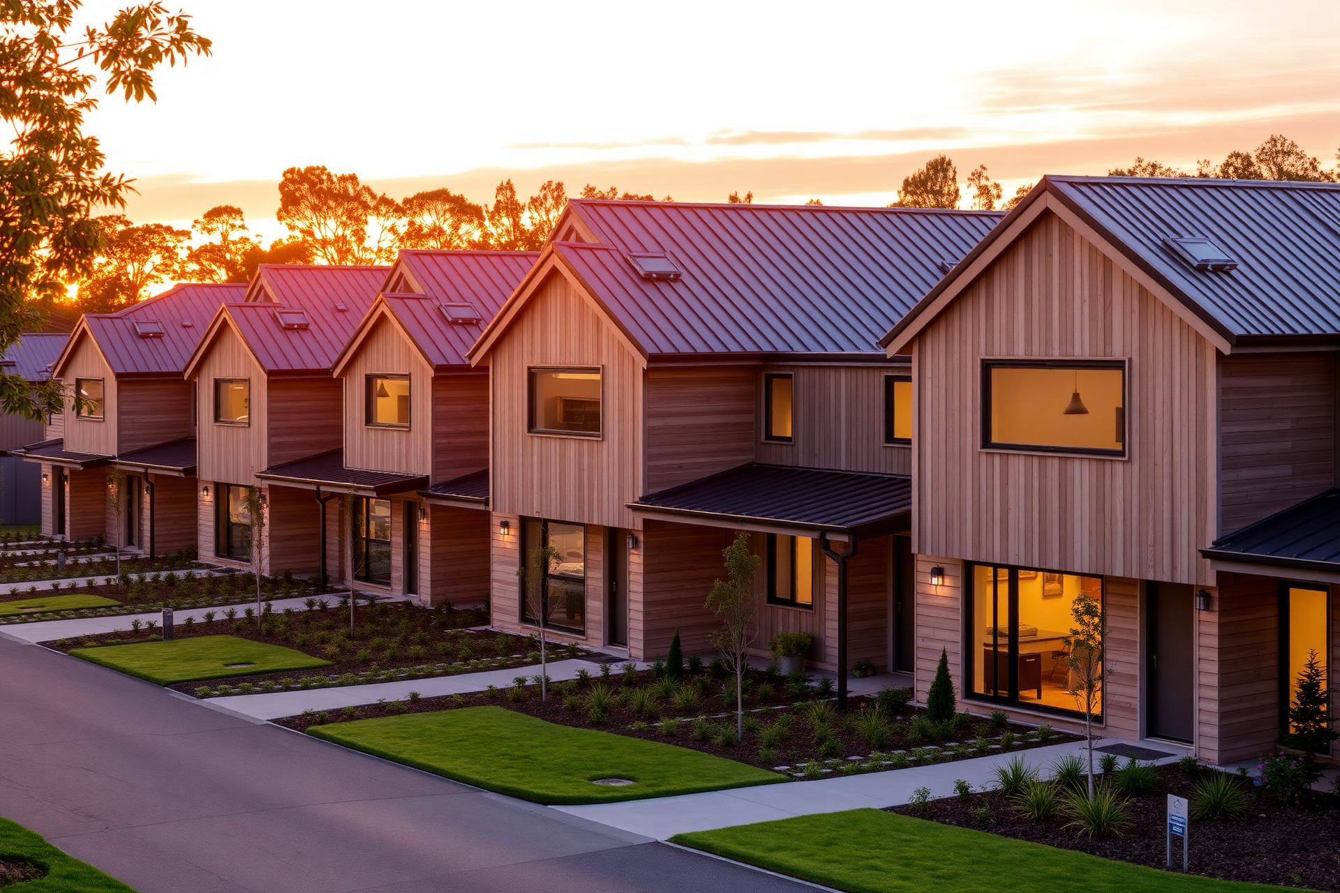 Contemporary townhouse development at golden hour